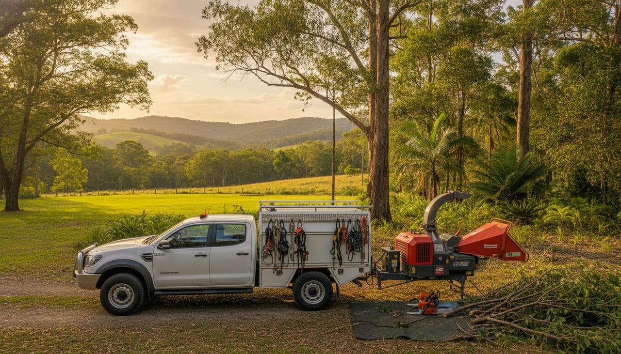 Mackay Arborist work truck and wood chipper on site in the Mackay